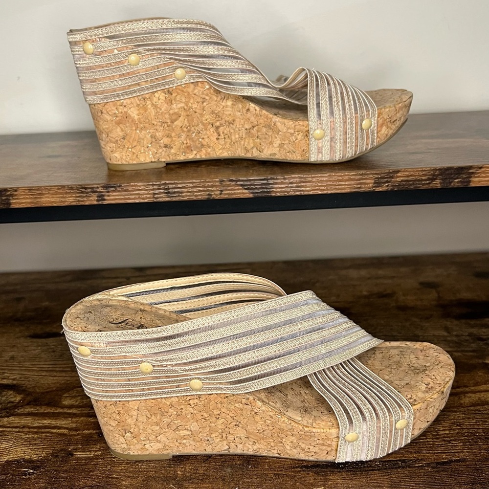 Lucky Brand Miller Platform‎ Cork Wedge Sheer Glitter Strap Sandals Womens 7.5